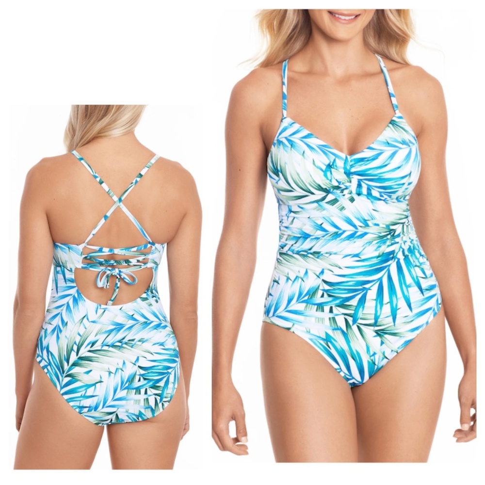 Time and Tru Sz XL 1X 16 18 Swimsuit One Pc. Tropical Leaves Teal White Cruise